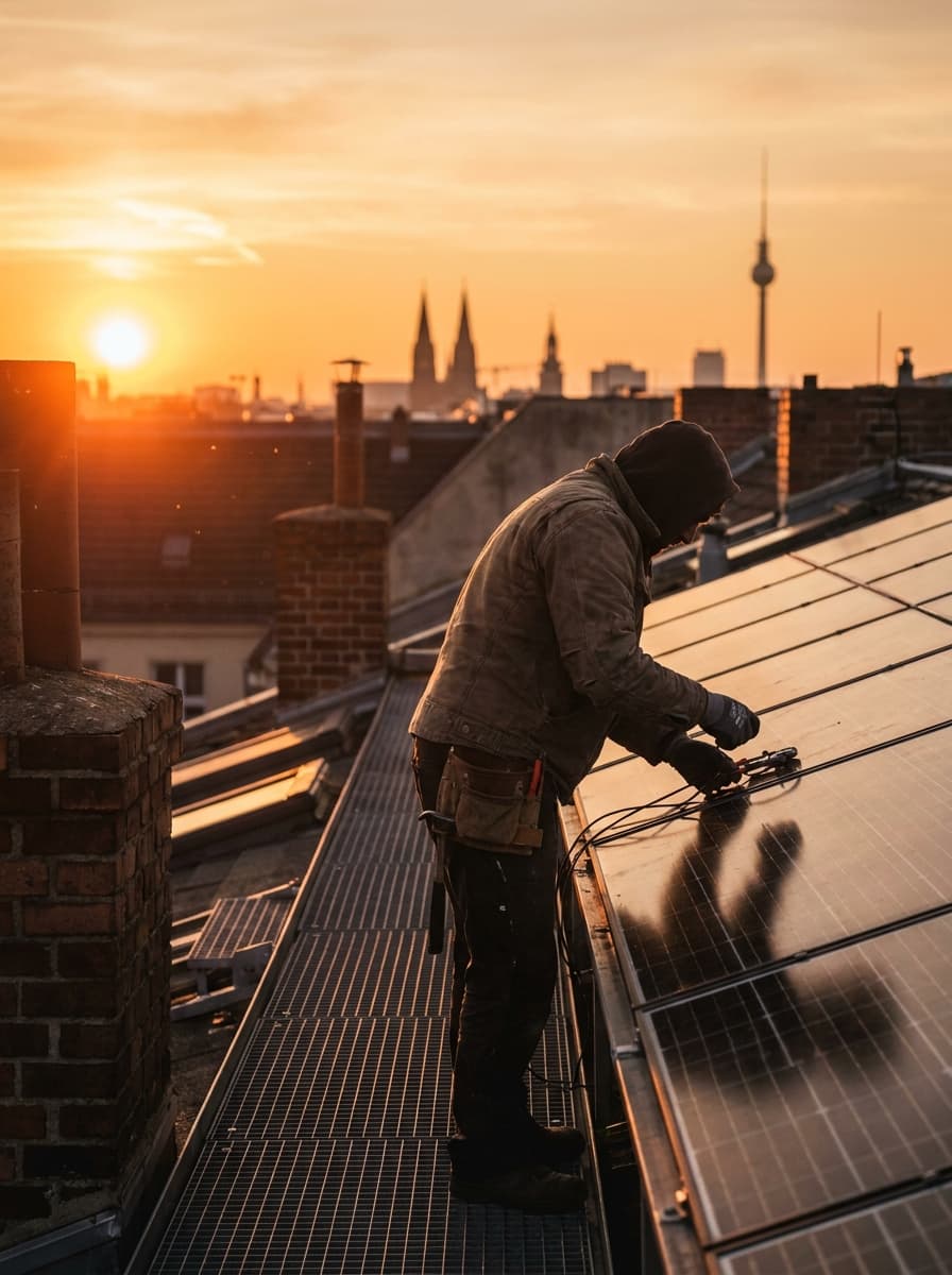 Bernd bei der Arbeit auf einem Berliner Dach im Morgenlicht