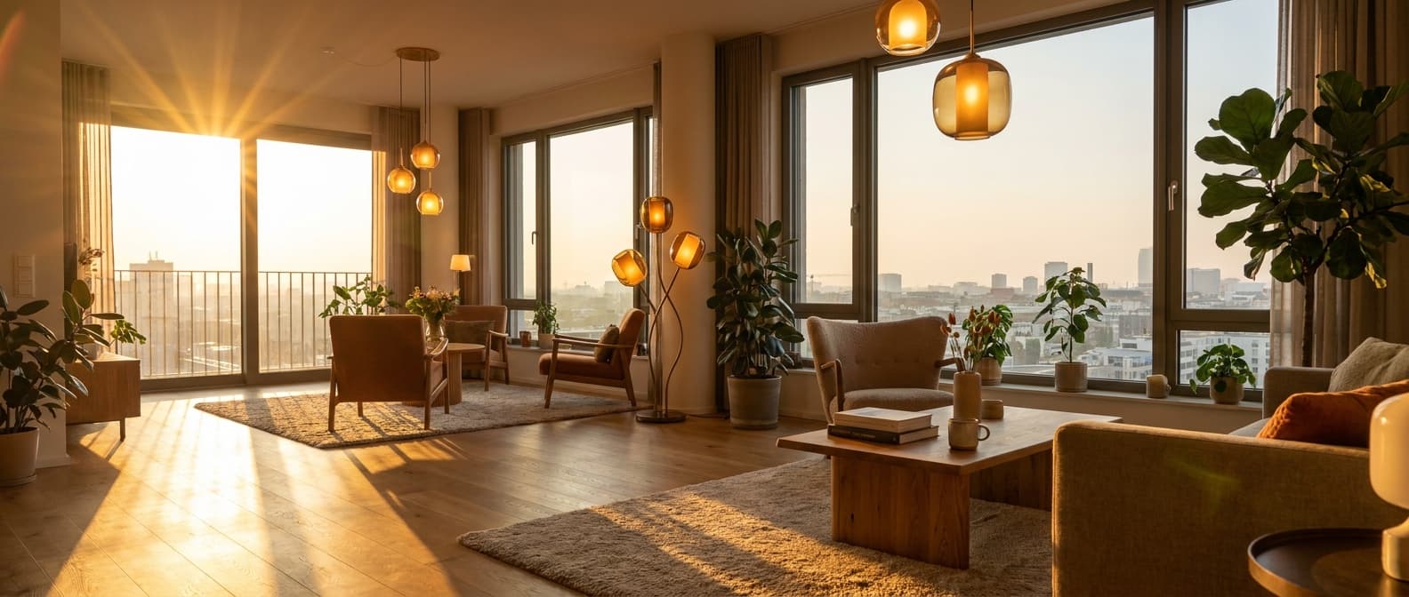 Sonnendurchflutetes Berliner Wohnzimmer im goldenen Morgenlicht